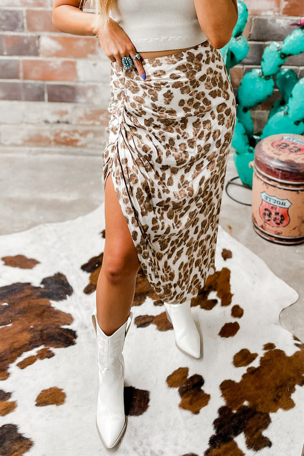 Khaki Leopard Print Side Split Ruched Midi Skirt