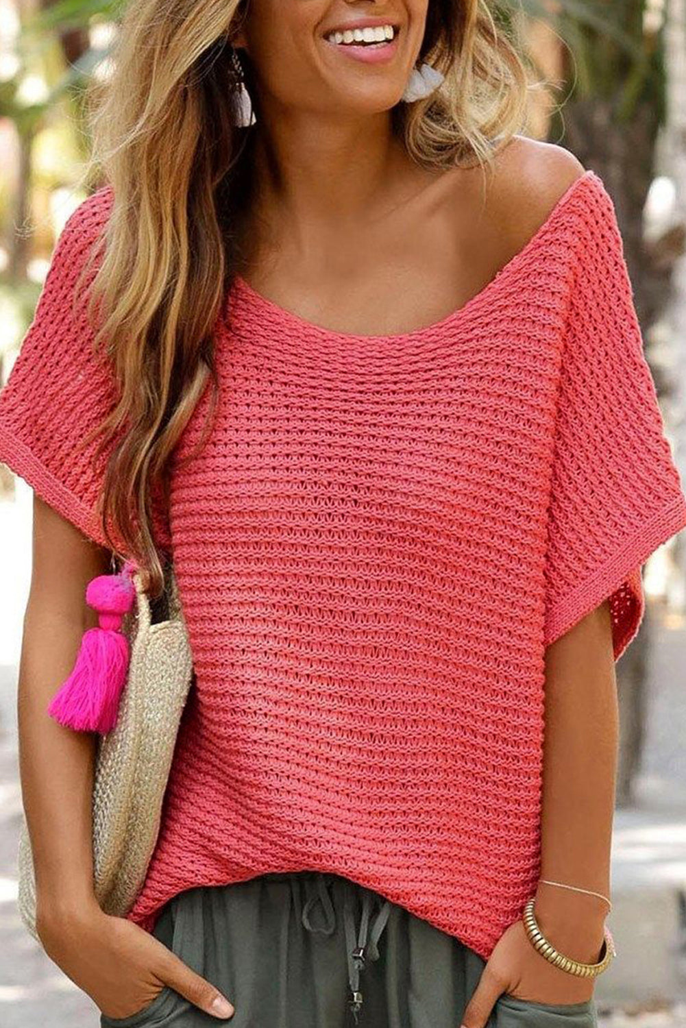 Red Clay Plain Knit Loose Dolman Sleeve Blouse